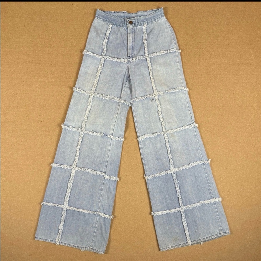 Vintage 1970s high waisted patchwork paneled jeans fringe grid wide leg